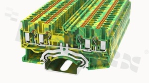 Złączka instalacyjna; 1-poziomowa; przelotowa; 4-zaciskowa na przewód 0.2-4.0mm2 (26-12AWG); ze stykiem sprężynowym; żółto-zielona; na szynę DIN