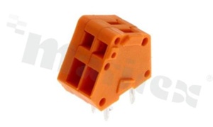 Listwa zaciskowa do PCB; w rastrze 2.54mm; 2-torowa; skośne wejście przewodu; przewód 0.2-0.5mm2 (AWG 28-20); ze stykiem sprężynowym; pomarańczowa; UL 150V/4A, IEC 130V/6A