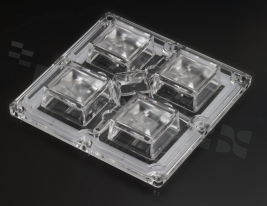 Lens for LED high power; COB; angle: 43 to 64 degrees FWHM; Number of LEDs: 4; Dimensions: 90x90mm; Height: 16.9mm; meterial: PMMA; silicone; Fastening: screw
