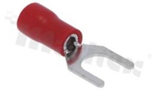 Konektor widełkowy; krótki; otwór O5.3mm; na kabel 0.5-1.5mm2; Imax = 19A; izolacja czerwona