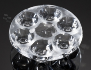 Lens for LED high power; angle: 11 to 19 degrees FWHM; Number of LEDs: 6; Dimensions: round 40mm; Height: 10.7mm; meterial: PMMA; Fastening: glue; pin