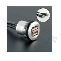 Gniazdo USB2.0; żeńskie; otwór montażowy 22mm; podłączenie na wtyk USB2.0 męski; długosć przewodu 60cm; korpus srebrny; stop aluminium.