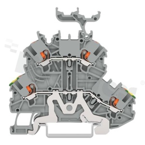 Złączka instalacyjna; 2-poziomowa;PE/ przelotowa; przyciski;4-zaciskowa na przewód 0.14-1.5mm2 (24-16AWG); ze stykiem sprężynowym; szara; na szynę DIN;300V/10A