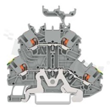 Installation terminal block; 2-level; PE/through; with buttons; 4-contacts for wire 0.14-1.5mm2 (24-16AWG); spring-loaded; grey; for DIN rail;300V/10A