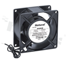 Fan; AC; ball bearing; 39/48m3/h; 50/60Hz; 0.14A; 100-125V; 14W; 2400/2800RPM; 27/30dBA; 22 AWG; shaded pole induction motor; 1 phase; aluminum alloy; -10+65 deg.C; 310g; 80x80x38mm