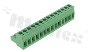 Listwa zaciskowa rozłączalna; w rastrze 5.08mm; 14-torowa; żeńska; na przewód 2.50mm2(28-12AWG); kierunek wtykania równoległy do osi przewodu; styki z fosforobrązu; mosiężna klatka przewodu; UL 300V/16A