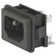 Gniazdo zasilające IEC C14 z uchwytem bezpiecznikowym 2-polowym; męskie, proste; montaż: do panela, zatrzaskowe; konektory 4,8x0,8mm / 6,3x0,8mm; IP40; 10A/250VAC