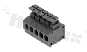 Listwa zaciskowa do PCB; w rastrze 3.81mm; 5-torowa; poziome wejście przewodu; na przewód 1.5mm2 (AWG 20-18); ze stykiem sprężynowym; szara; UL 300V/5A, IEC 250V/10A