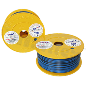 Przewód pojedynczy LGY/H05V-K; z wielodrutową miedzianą żyłą; niebieski/czarny; przekrój 0.35mm2; AWG 22; 500V; -40+105 st.C; 200m.