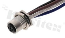 Gniazdo M12; kodowanie T; 4-stykowe; żeńskie; 12A; na panel; z nakrętką z przodu; z przewodem o długości 15cm; IP68