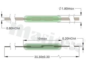 Micro Miniature Reed Switch RS-MM1018, Operate Band: 7-21AT, Switching Current (max): 0,5A, Dimensions: FI1,8x10mm, Full Length Leads