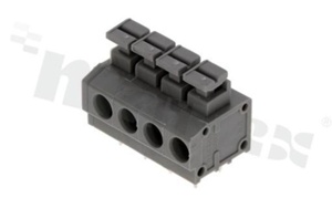 Listwa zaciskowa do PCB; w rastrze 5.00mm; 4-torowa; poziome wejście przewodu; na przewód 1.5mm2 (AWG 20-16); ze stykiem sprężynowym; szara; UL 300V/8A