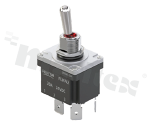 Pin toggle switch; 3-position (ON)-OFF-(ON); DPDT; 23.5 x 29.4mm; pin connection; round metal lever; 16A/250V; IP67; UL 61058-1.