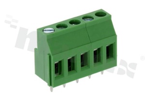 Listwa zaciskowa do PCB; w rastrze 5.08mm; 5-torowa; pionowa; na przewód 0.5-2.5mm2 (AWG 26-12); ze śrubami na wkrętak krzyżakowy; klatka mosiężna; zielona; UL 300V/20A, TUV 250V/20A