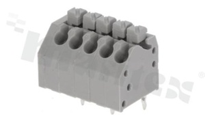 Listwa zaciskowa do PCB; w rastrze 3.50mm; 5-torowa; skośne wejście przewodu; na przewód 0.20-1.00mm2 (28-18AWG); ze stykiem sprężynowym; czarna; UL 300V/10A, TUV 250V/10.5A