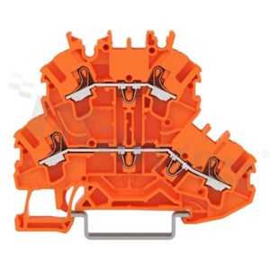 Złączka instalacyjna; 2-poziomowa; przelotowa; przyciski; 4-zaciskowa na przewód 0.14-1.5mm2 (24-16AWG); ze stykiem sprężynowym; pomarańczowa; na szynę DIN; 300V/10A