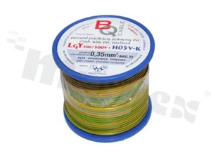 Przewód pojedynczy LGY/H05V-K; z wielodrutową miedzianą żyłą; żółty/zielony; przekrój 0.35mm2; AWG 22; 500V; -40+105 st.C; 25m.