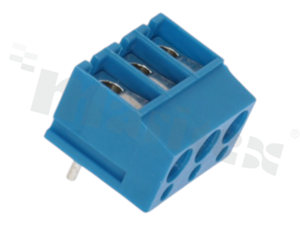 PCB terminal block; pitch 5.00mm; 3-ways; angular; wire range 2.50mm2; brass cage;with screws for a flat screwdriver; blue color; 250V/16A
