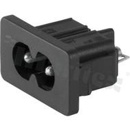 Złącze zasilające AC IEC 60320 C8, klasa ochronności II; montaż: do panela 0,6-2mm, zatrzaskowe; wyprowadzenia do lutowania; kolor czarny; IP20; 2,5A, 250VAC