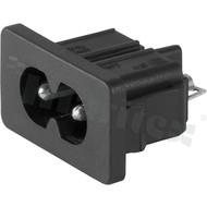 Złącze zasilające AC IEC 60320 C8, klasa ochronności II; montaż: do panela 1,5mm, warstwowe (sandwich); wyprowadzenia do PCB; kolor czarny; IP20; 2,5A, 250VAC
