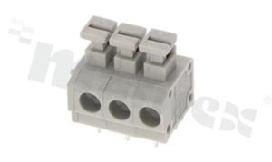 Listwa zaciskowa do PCB; w rastrze 5.00mm; 3-torowa; poziome wejście przewodu; na przewód 0.20-1.50mm2 (16-28AWG); ze stykiem sprężynowym; szara; UL 300V/10A, TUV 250V/10.5A