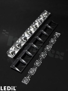 Lens for LED high power; mid power; angle: asymmetric; Number of LEDs: 7; Dimensions: 279.4x40mm; Height: 27mm; meterial: PMMA; Fastening: pin; screw