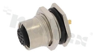 Gniazdo M12; kodowanie A; 12-stykowe; żeńskie; 1.5A; na panel; z nakrętką z przodu; lutowane; IP68