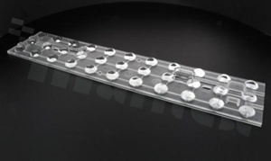 Lens for LED high power; mid power; angle: 23 do 44 degrees ; Number of LEDs: 33; Dimensions: 292x61mm; Height: 11.7mm; material: PMMA; Fastening: screw