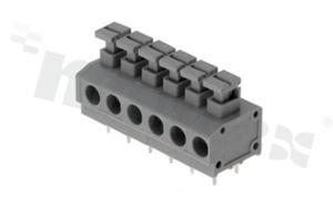 Listwa zaciskowa do PCB; w rastrze 5.00mm; 6-torowa; poziome wejście przewodu; na przewód 0.20-1.50mm2 (16-28AWG); ze stykiem sprężynowym; szara; UL 300V/10A, TUV 250V/10.5A