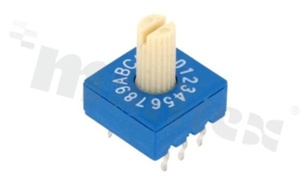 Przełącznik kodujący 16 pozycji › BCD, 10.0x10.0mm; poziomy, z pokrętłem; montaż THT