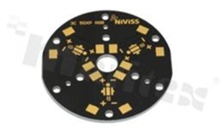 MCPCB, thermal conductivity 2W/(m*K), thickness: 2mm, number of layers - 1, black soldermask, legend color: gold, size: diameter 50mm, pad cover: gold; for XP leds, /20