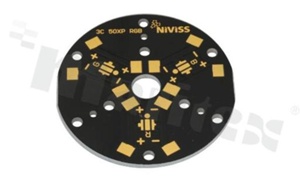 MCPCB, thermal conductivity 2W/(m*K), thickness: 2mm, number of layers - 1, black soldermask, legend color: gold, size: diameter 50mm, pad cover: gold; for XP leds, /20