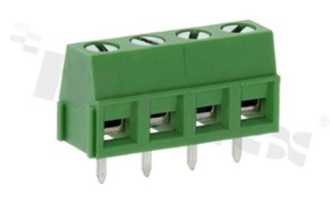 Listwa zaciskowa do PCB; w rastrze 5.08mm; 4-torowa; pionowa; na przewód 1.50mm2 (AWG 26-14); ze śrubami na wkrętak płaski; klatka mosiężna; zielona; UL 300V/12A, TUV 250V/15A