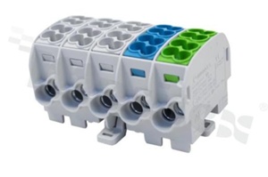 Złączka na szyne DIN; blok rozdzielczy odgałęźny;szary niebieski zielony; pięciobiegunowy;25mm2; Al/Cu;1000V AC/DC ;152A