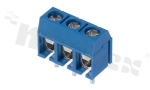 Listwa zaciskowa do PCB; w rastrze 5.00mm; 3-torowa; pionowa; na przewód 1.5mm2 (AWG 26-14); ze śrubami na wkrętak krzyżakowy; klatka mosiężna; niebieska; UL 300V/20A, TUV 250V/17.5A