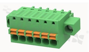 Pluggable terminal block; 3.81mm pitch; 6-ways; female; for wire 1.50mm2 (28-16AWG); wire insertion direction same as plug-in direction; with fixing screw; p.bronze contacts; spring clamp; brass cage; UL 300/8A TUV 250/12A