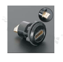 Gniazdo HDMI; żeńskie; otwór montażowy 22mm; podłączenie na wtyk HDMI męski; korpus czarny; stop aluminium.