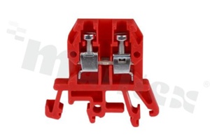 Złączka szynowa; 1-poziomowa; 2-zaciskowa na przewód 0,5-4,0mm2; zacisk śrubowy; czerwona; na szyne DIN; 1000V/32A