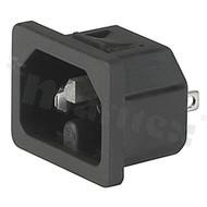 AC power inlet IEC 60320 C16, 120°C, protection class I; mounting: panel thickness 1mm, snap-in; QC 6.3x0.8mm terminals; black; IP30; 10A, 250VAC