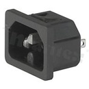 Złącze zasilające AC IEC 60320 C16, 120°C, klasa ochronności I; montaż: do panela 2,5mm, zatrzaskowe; wyprowadzenia do lutowania 3,8x0,8mm; kolor czarny; IP30; 10A, 250VAC