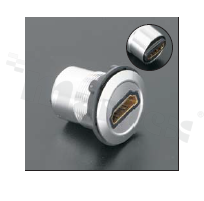 Gniazdo HDMI; żeńskie; otwór montażowy 22mm; podłączenie na wtyk HDMI żeński; korpus srebrny; stop aluminium.