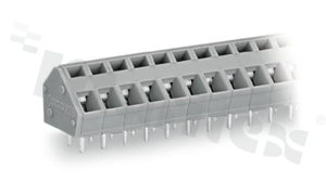 Listwa zaciskowa do PCB; w rastrze 5.0/5.08mm; 4-torowa; skośne wejście przewodu; na przewód 0.08-2.50mm2 (28-12 AWG); ze stykiem sprężynowym; szara; UL: 300V/15A