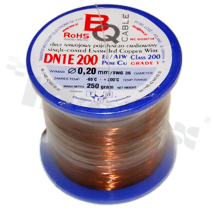 Insulated winding wire; with one layer of enamel insulation; diameter 0.20mm; SWG 36; -65+200 deg.C; 849m; 250g.