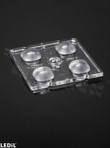 Lens to LED high power; qty of LED: 4; 123-125 deg FWHM; dimension: 50x50mm; height: 5mm; material: PC; fastening: pin, screws