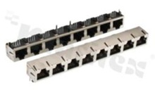 Stacked modular jacks; 1 row 1x4 jacks RJ45; shielded; 8-contacts, THT; side entry; size 8; 6u" Au