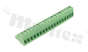 Listwa zaciskowa rozłączalna; w rastrze 5.00mm; 18-torowa żeńska; na przewód 2.5mm2 (28-12AWG); kierunek wtykania równoległy do osi przewodów; styki z fosforobrązu; mosiężna klatka przewodu; UL 300V/16A