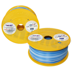 Przewód pojedynczy LGY/H05V-K; z wielodrutową miedzianą żyłą; niebieski/biały; przekrój 0.35mm2; AWG 22; 500V; -40+105 st.C; 200m.