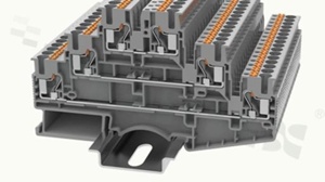Złączka instalacyjna; 3-poziomowa; przelotowa; 6-zaciskowa na przewód 0.2-4.0mm2 (22-12AWG); ze stykiem sprężynowym; szara; na szynę DIN; 500V/20A