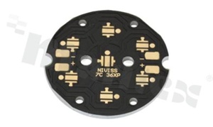 MCPCB, thermal conductivity 1.5W/(m*K), thickness: 2mm, number of layers - 1, black soldermask, legend color: gold, size: diameter 36mm, pad cover: gold; for XP LEDs, /20