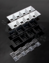 Lens for LED mid power; angle: 74 to 79 degrees FWHM; Number of LEDs: 4; Dimensions: 182x40mm; Height: 20.2mm; meterial: PMMA; Fastening: pin; screw; clips